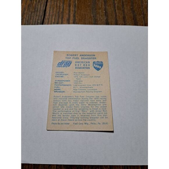 Vintage 1971 Robert Anderson Top Fuel Dragster Fleer Drag Champs Trading Card - Picture 2 of 2